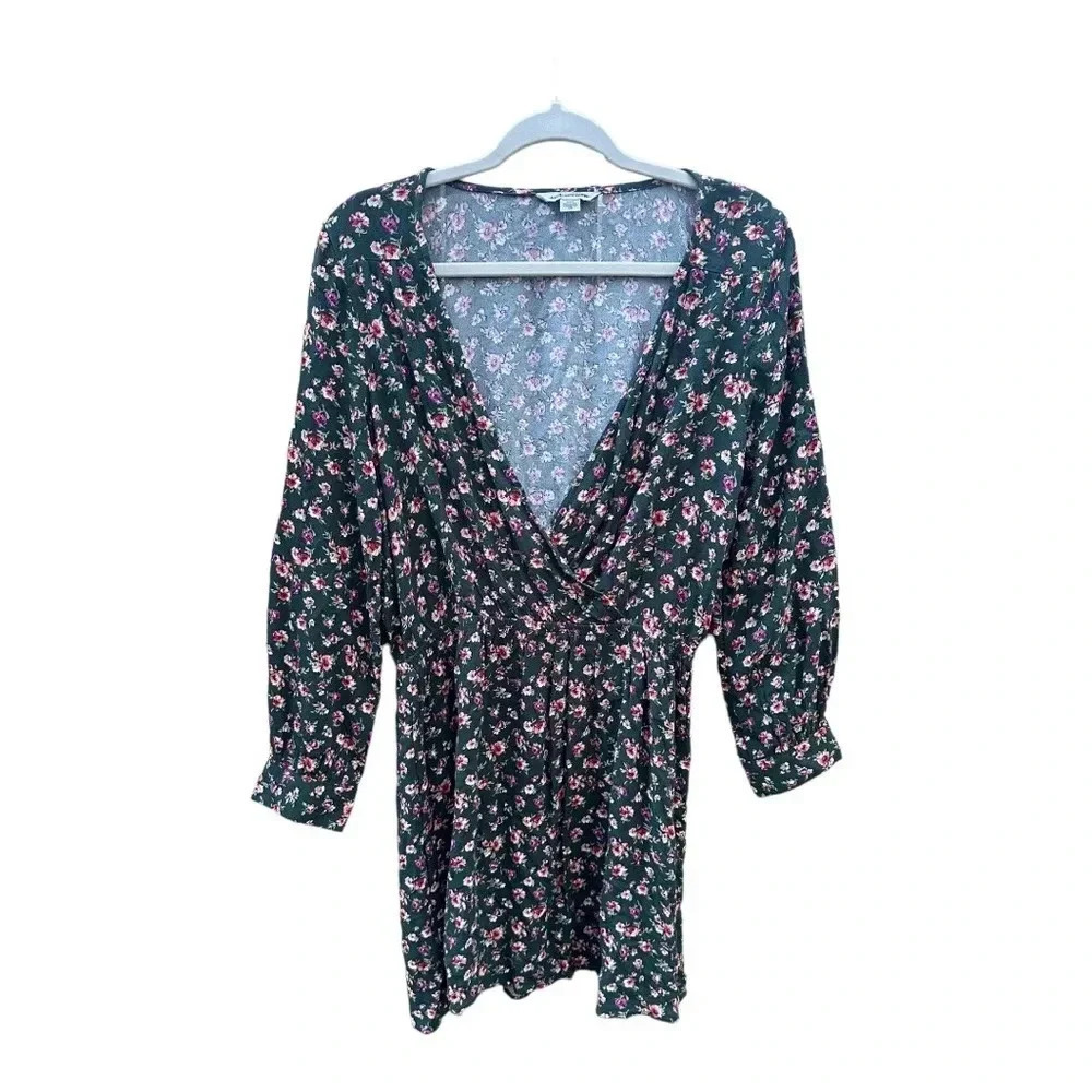 American Eagle Green Floral Long Sleeve Mini Dress // Size Medium